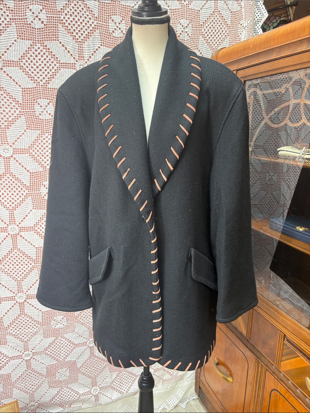 Vintage Russell Scott Black Wool Blend Coat with Leather Whipstitch Trim Sz Lg